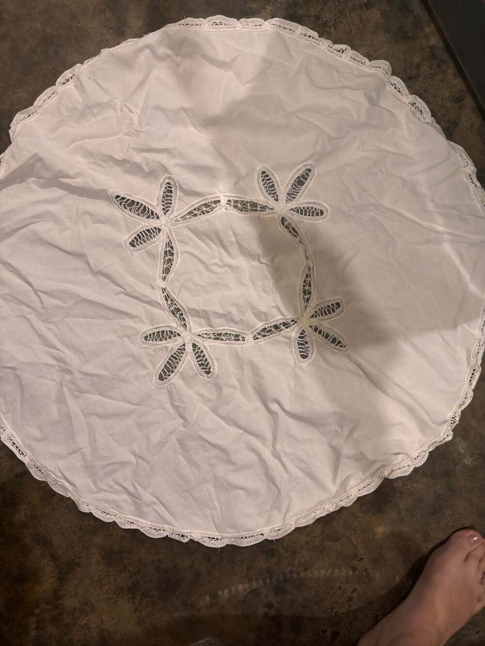 Vintage White Cotton Round Table Topper Doily with Cutwork and Lace